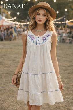 Vintage DANAE' White Cotton Embroidered Tiered Mini Dress Made in USA